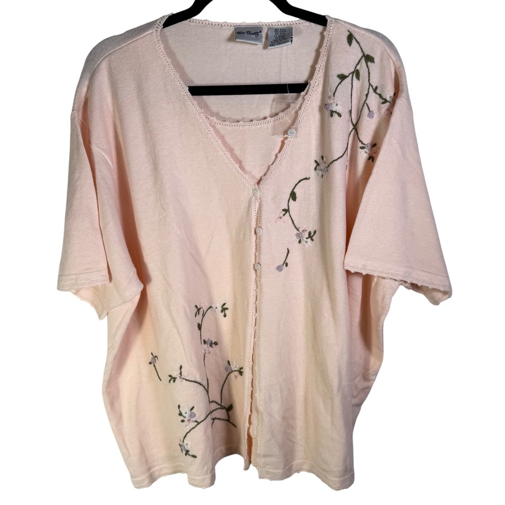 Two Twenty Pink Floral Embroidered Short Sleeve Cardigan Tank Twin Set 3XL